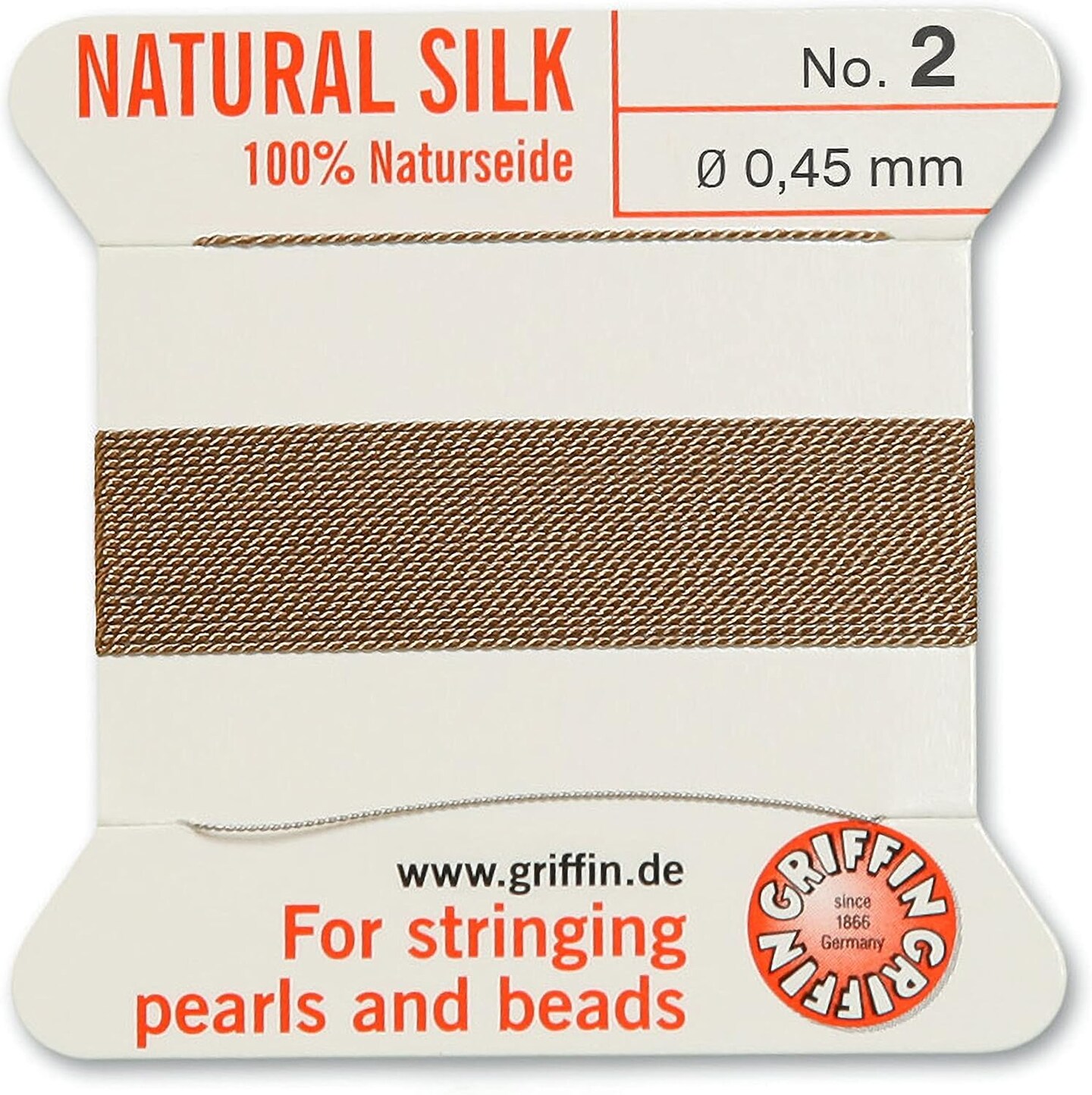 Griffin Silk Bead Cord Perlseide – Size 2 (0.45mm) – 2 Meters per Card – Stainless Steel Needle Attached – for Knotting Pearls, Gemstones, Crystals and Beads