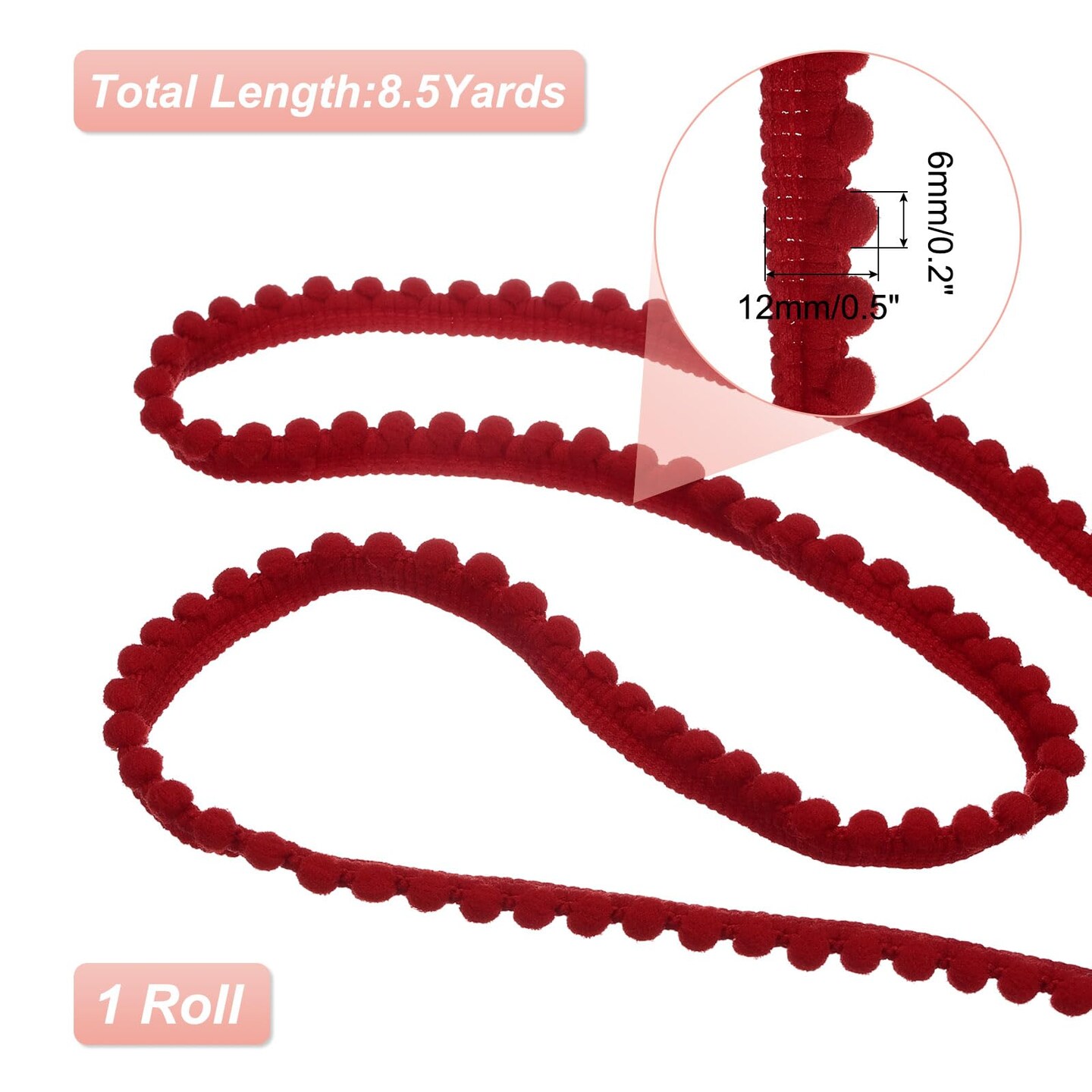 8.5 Yards Pom Trim Ribbon, 0.5" Wide Dark Red Pom Ball Fringe Trim Sewing Fringe Fabric Trim Ribbon for DIY Crafts Curtain Clothes Pillow Home Decoration