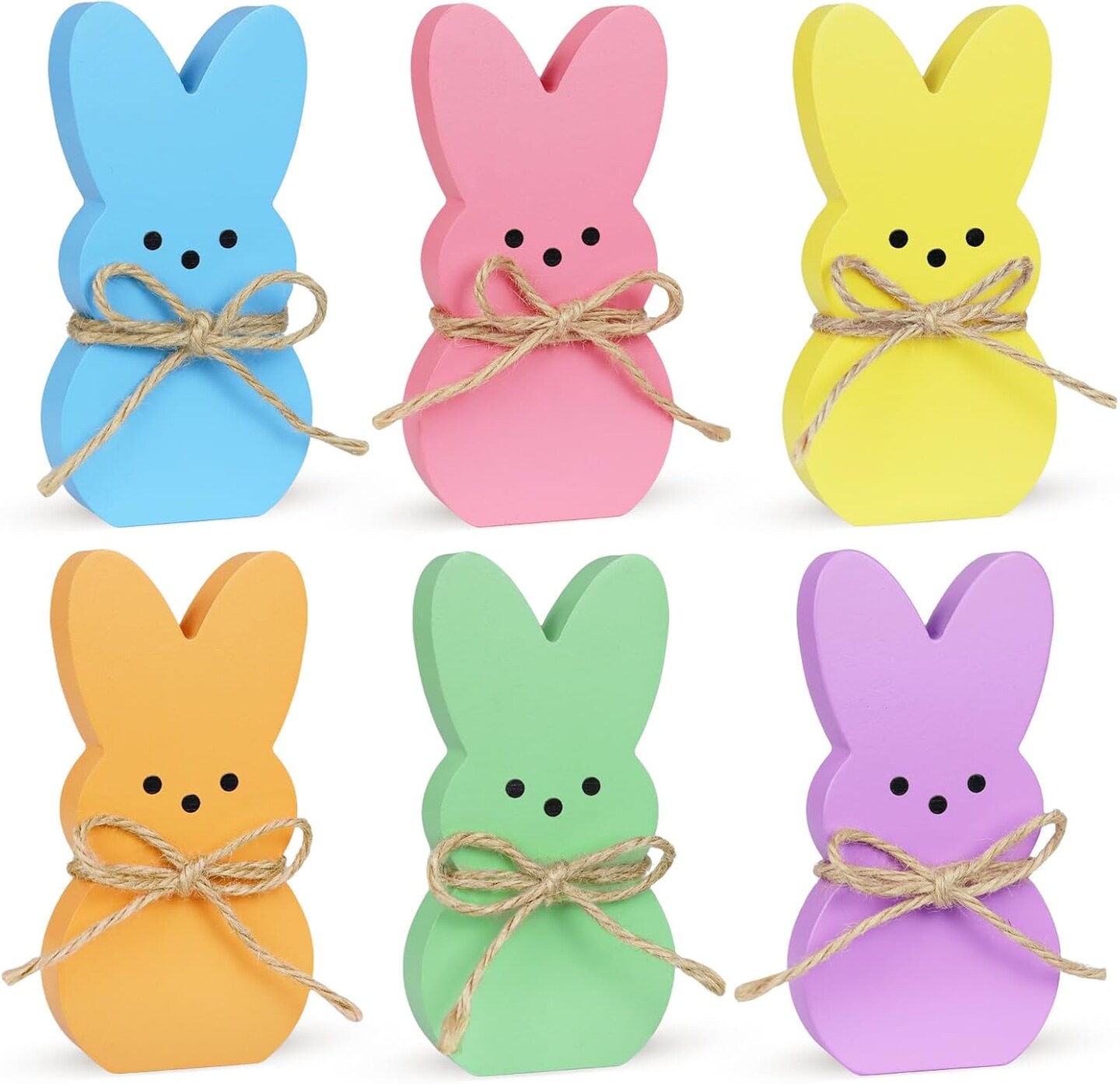 Easter Table Decorations – 6PCS Wooden Bunny Easter Signs with Rope, Cute Rabbit Décor for Home, Tiered Tray, Mantel, Office, Kitchen, Tabletop Centerpiece, Shelf, Vase, Spring & Holiday Party