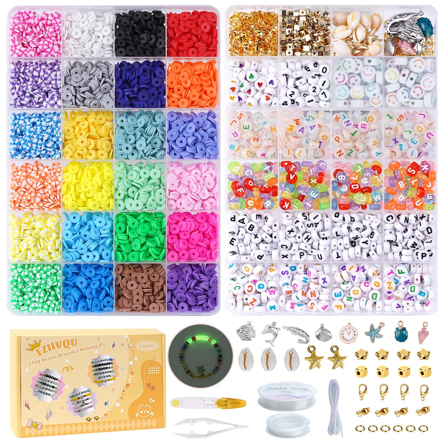 Clay Beads Friendship Bracelet Making Kit, 2 Boxes 7200 Pcs Clay Beads 24 Colors Flat Disc Heishi Bead for Jewelry Making Preppy Set with Glow Number Letter Bead