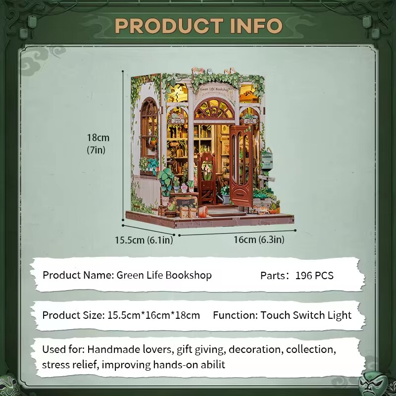 Green Life Bookshop Dollhouse Kit - Miniature Wizardi Roombox Kit with LED Light F07M51-88-CWGC203