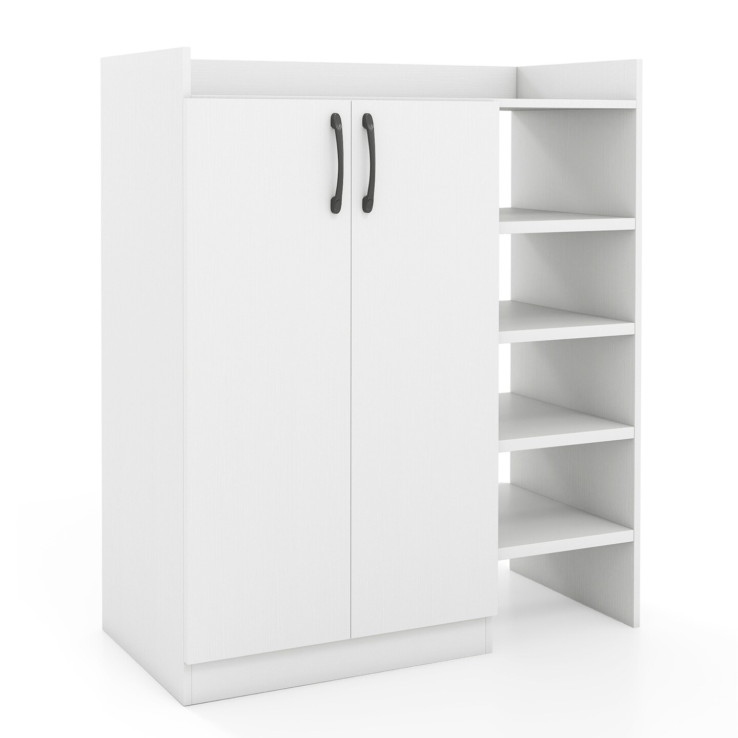 White Shoe Cabinet Engineered Wood 2-Door 4-Open Shelf Adjustable Storage