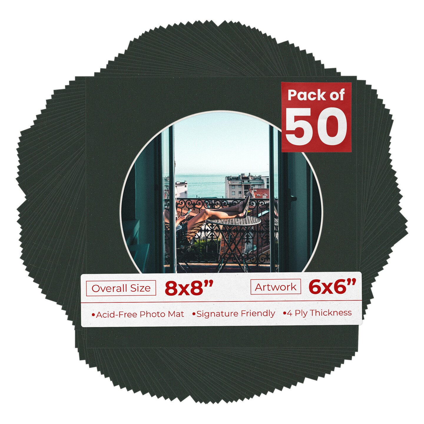 Textured Black Mat Board for 8x8 Frames - Circle Opening for 6x6 Photos