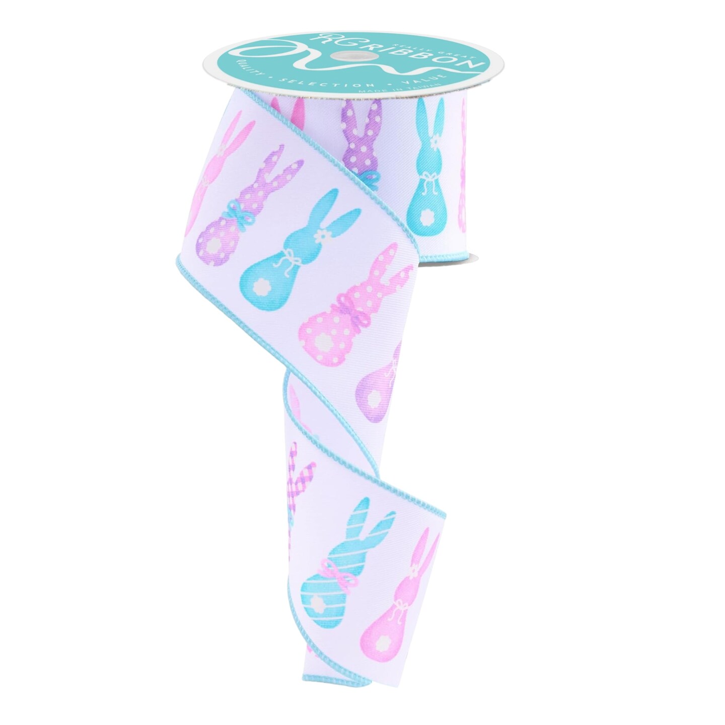 Easter Bunny 2.5" Inch Wired Ribbon by RG Ribbon for Bows, Wreaths, Crafts and Decorations - White, Pink, Multi