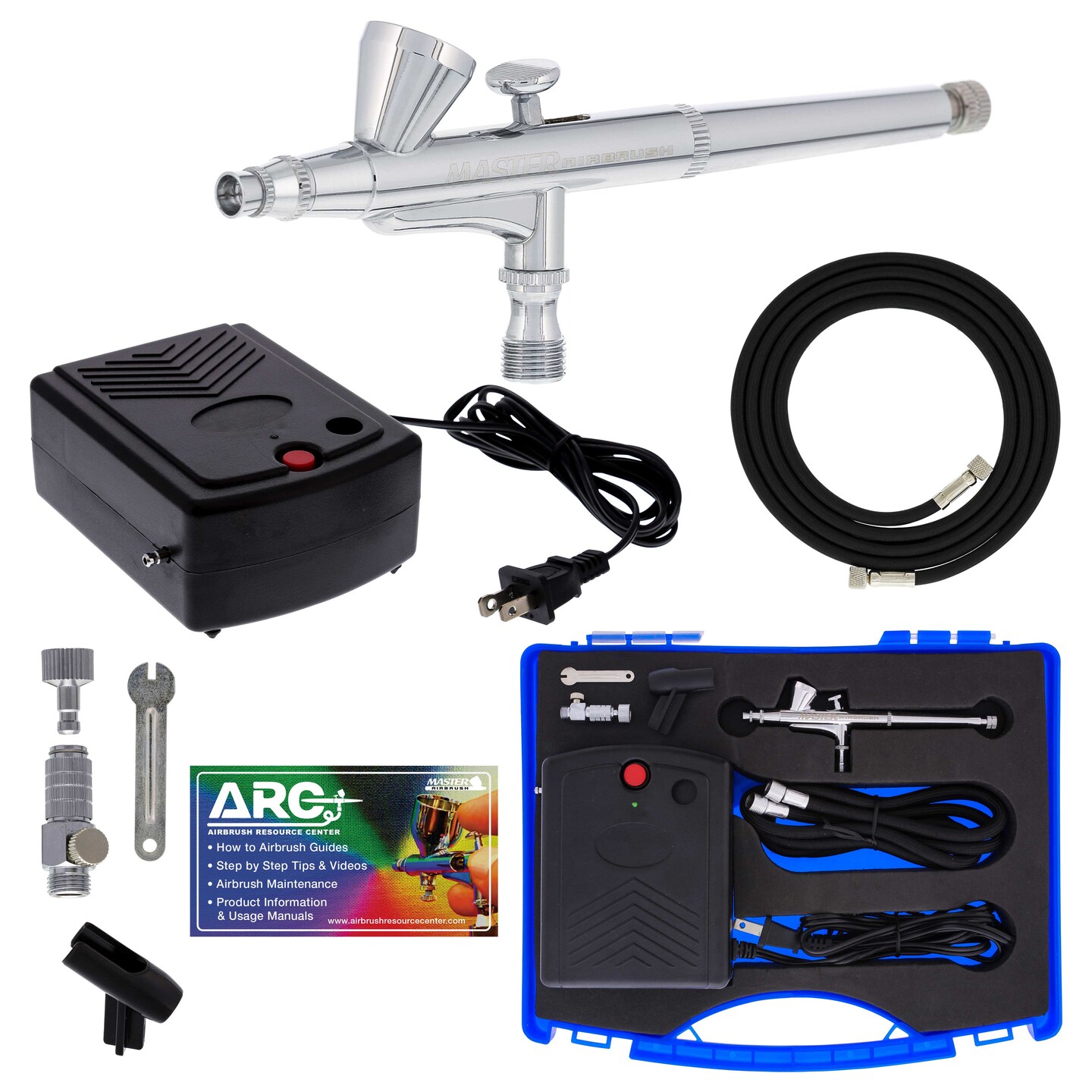 Master Airbrush Multi-Purpose Airbrush Decorating Kit with Dual-Action Air Brush (G34), Multi-Purpose Mini Air Compressor, Hose, Storage Case, How-To-Airbrush ARC Link Card