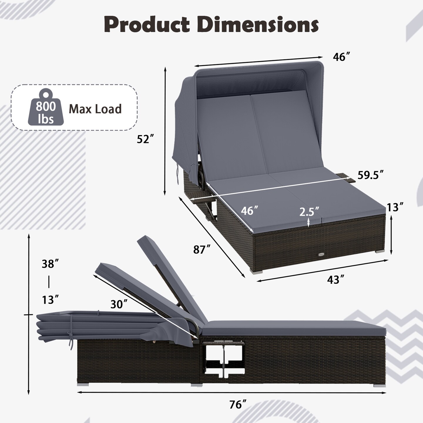 Mix Brown PE Rattan Metal Double Chaise Lounge with Grey Cushions