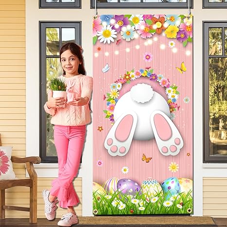 Easter Door Cover Happy Easter Decorations Easter Bunny Tail Banner Easter Egg Hunt Banner Welcome Spring Outdoor Indoor Backdrop for Easter Bunny Party Supplies 12