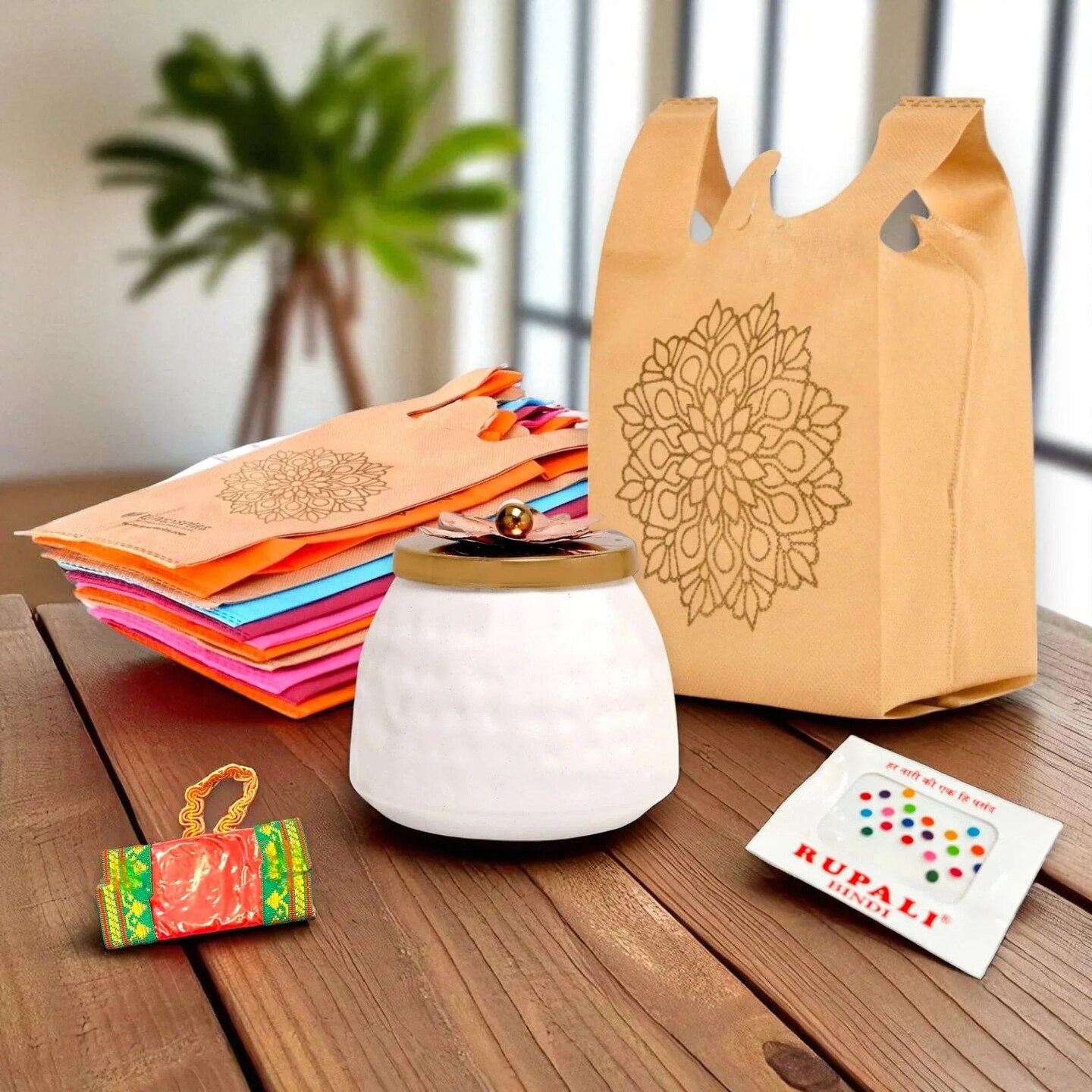 Varalakshmi Vratham Gift Hamper Navaratri Vratha Hindu Religious Teej Karva Chauth Pooja Housewarming Return Gifts - Assorted Bindi Dryfruit Jar Mandala Carry Bags Haldi Kumkum Packet