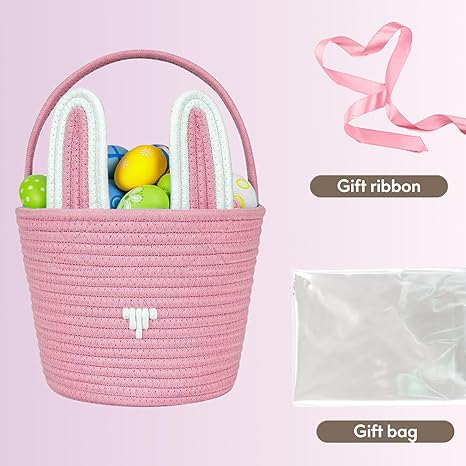 Large Easter Basket with Gift Bags and Ribbons, Easter Bunny Basket for Kids, Woven Cotton Rope Gift Basket for gifting, Pink
