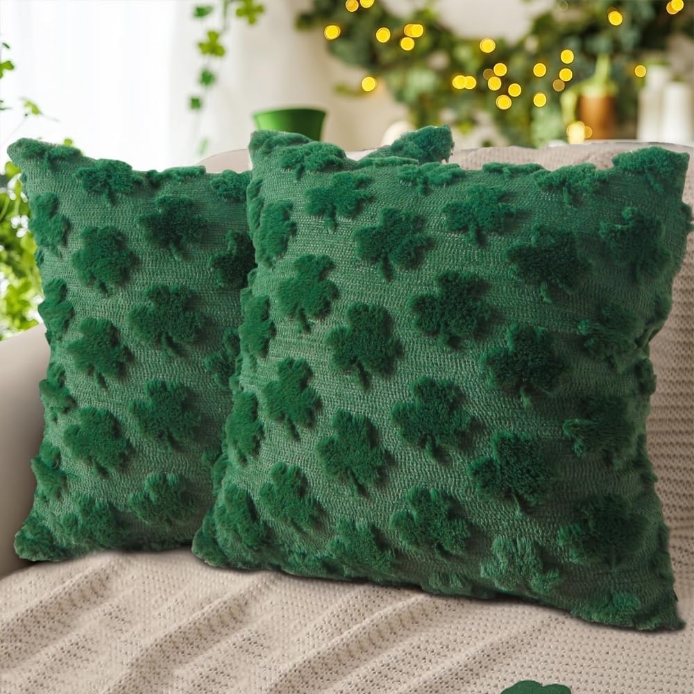 St Patricks Day Pillow Covers, 18x18 Inch Set of 2 Green Shamrock Throw Pillows, Soft Plush & Faux Fur Decor for Couch Sofa Bedroom, Holiday Home Decorations