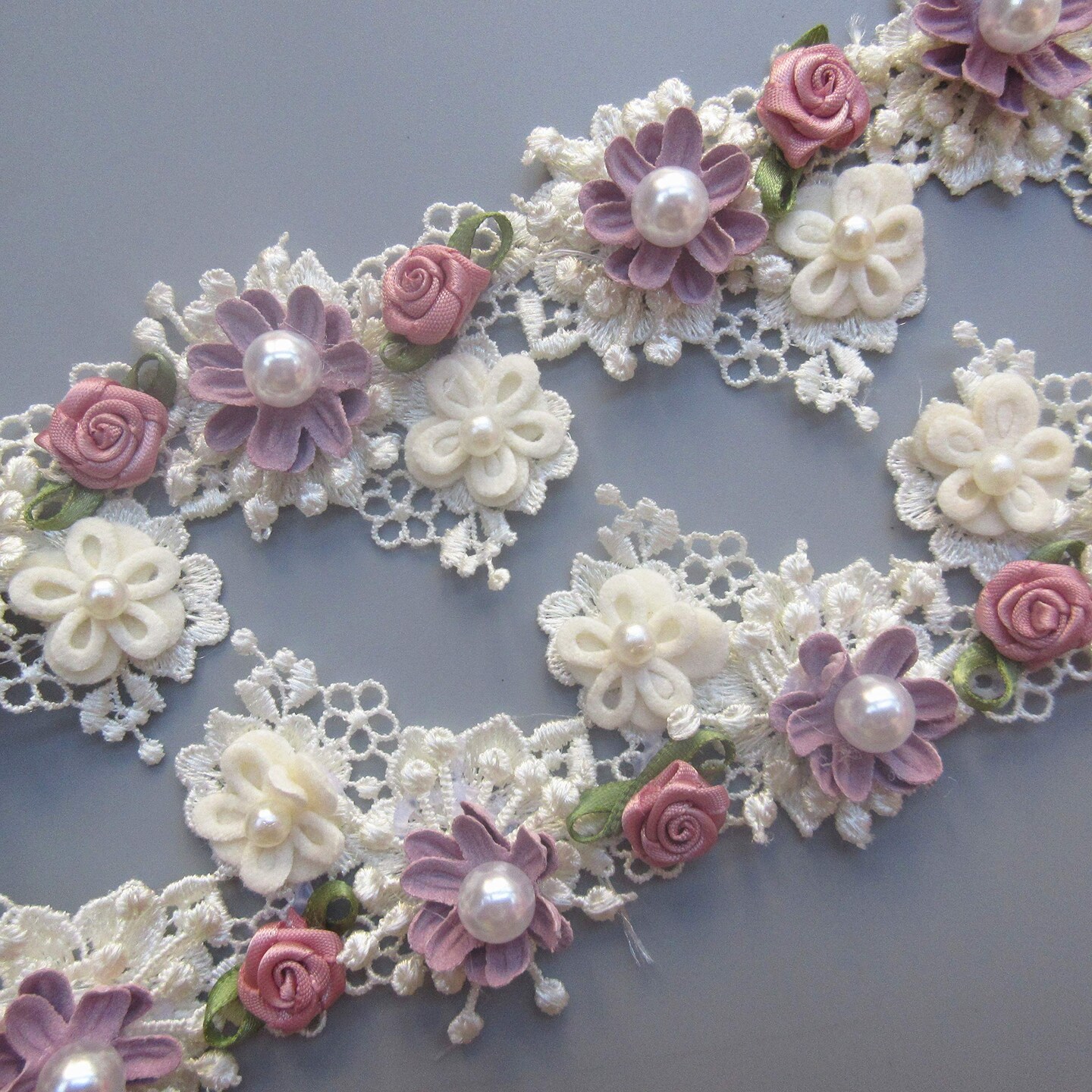 1 Yard Elegant Vintage Style Apricot Polyester Lace Flower Pearl Beads Ribbon Trim in 5.5 cm Width for Wedding Decoration
