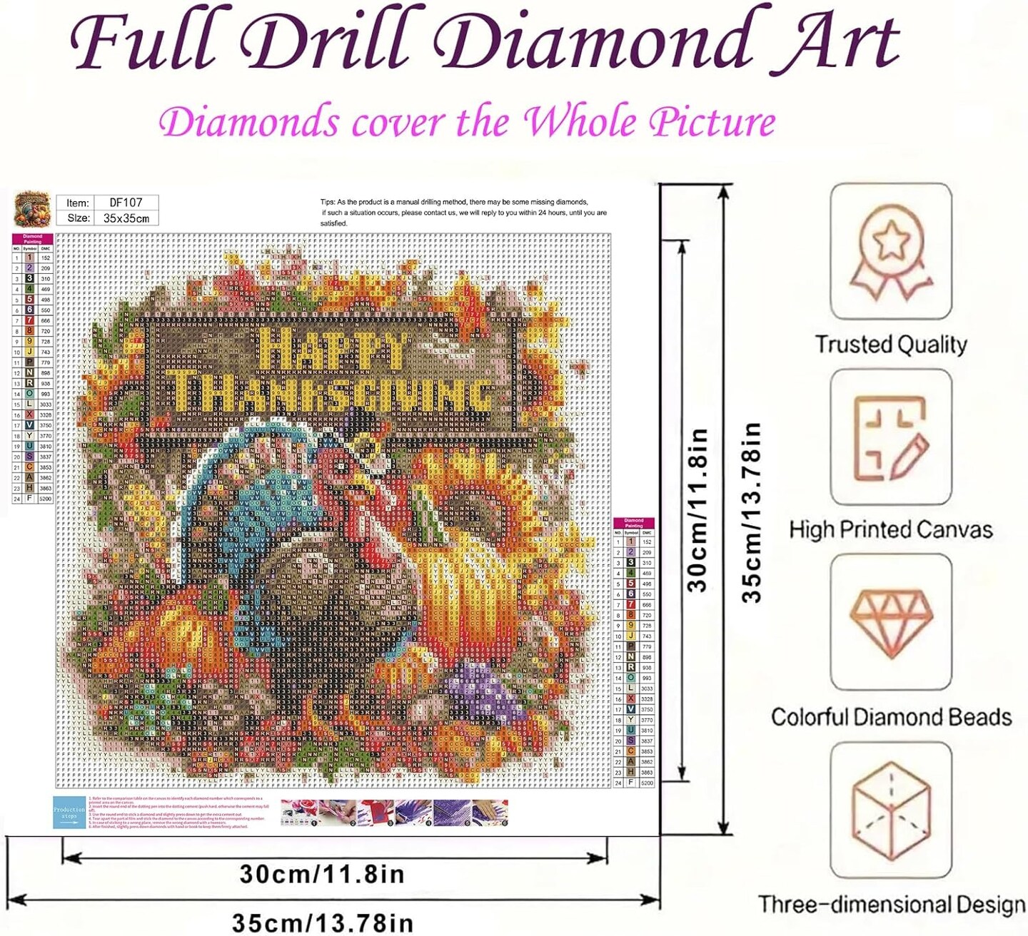 Thanksgiving Turkey 5D Diamond Painting Kit – Full Round Drill DIY Gem Art for Adults, 13.8x13.8 Inch Wall Décor