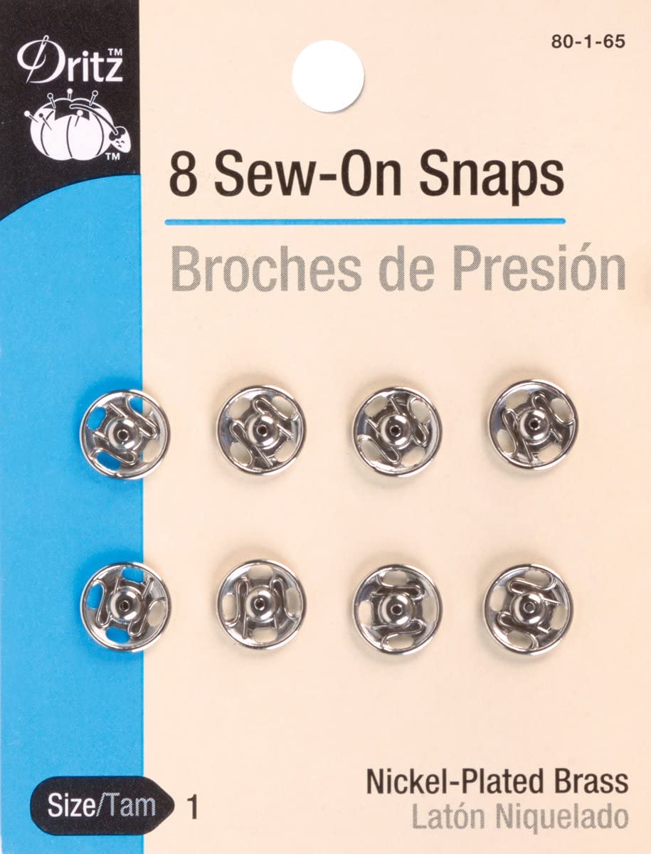 Dritz 11 mm Sew-On Snaps, Nickel-Plated Brass, Size 1, 8 Sets