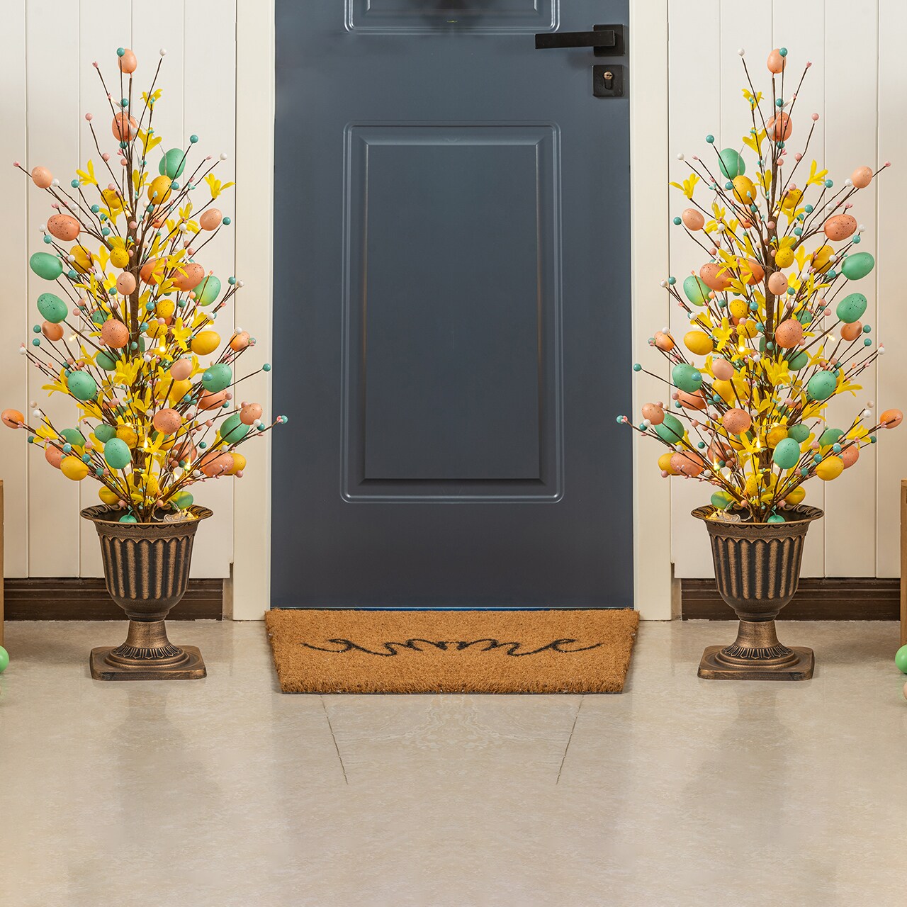 Set of 2 36"H Easter Egg & Flower Urn Porch Tree, 20 Warm White Lights with timer