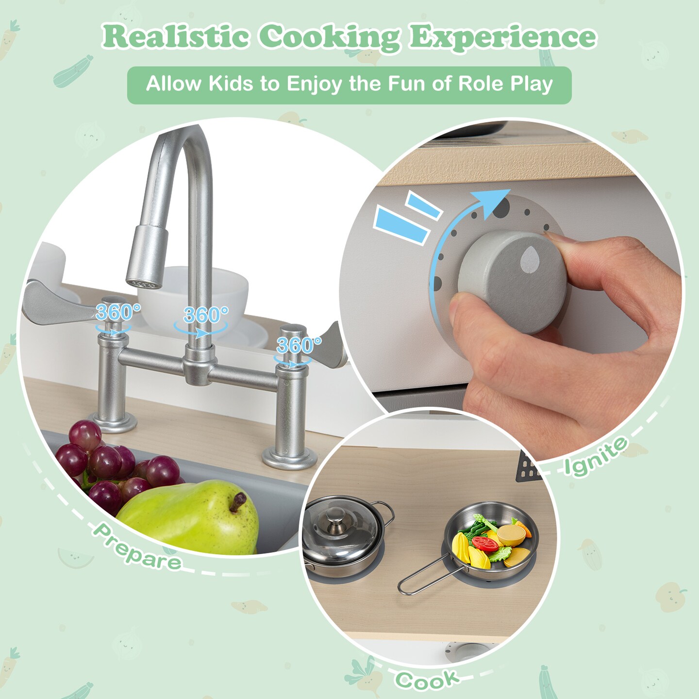 Grey Kids Play Kitchen with 2-Seat Cafe and Double Sided Design