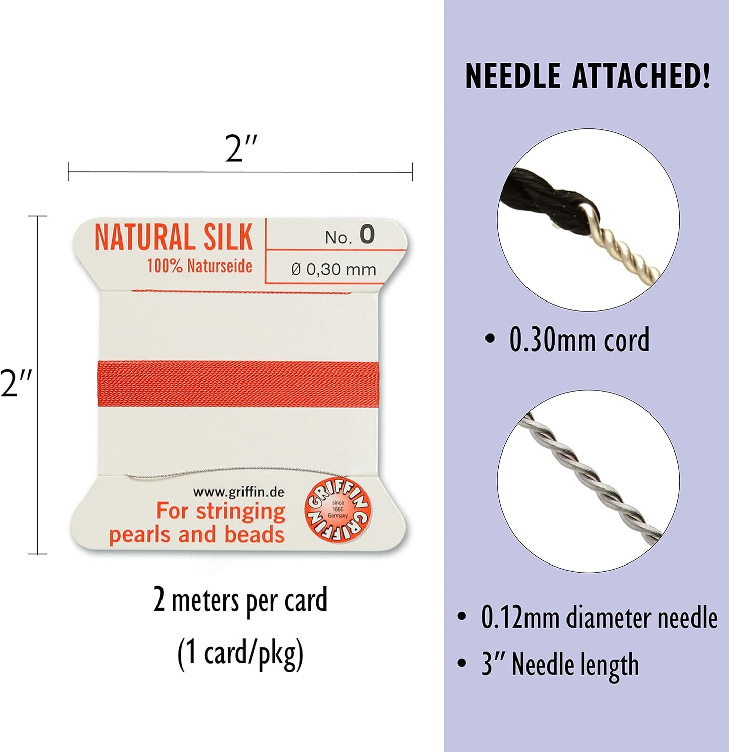 Griffin Silk Bead Cord Perlseide – Size 0 (0.30mm) – 2 Meters per Card – Stainless Steel Needle Attached – for Knotting Pearls, Gemstones, Crystals and Beads