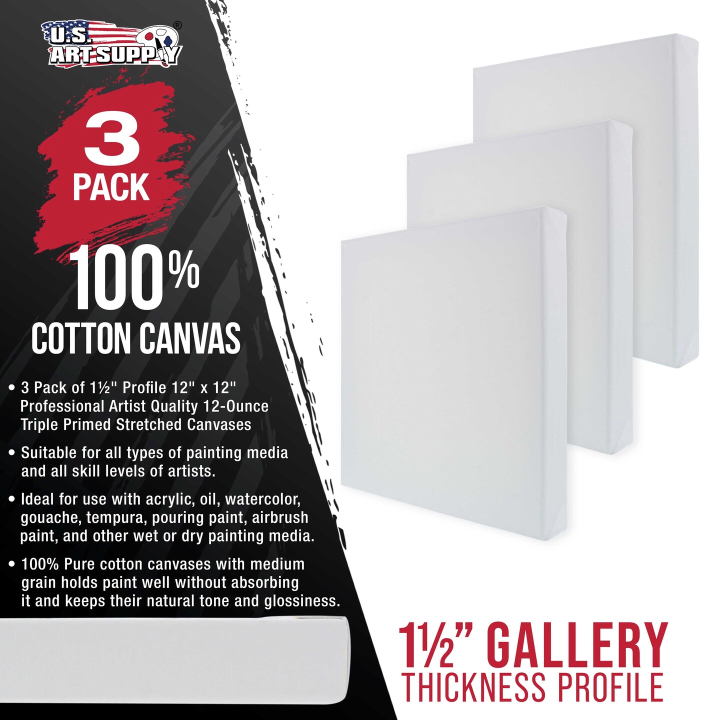 Square Stretched Canvas for Painting 12x12 inch Gallery Depth 1-1/2&#x22; Thick, 3-Pack - 12oz Acrylic Gesso Triple Primed, Professional Artist Quality, 100% Cotton - Pouring, Oil Paint