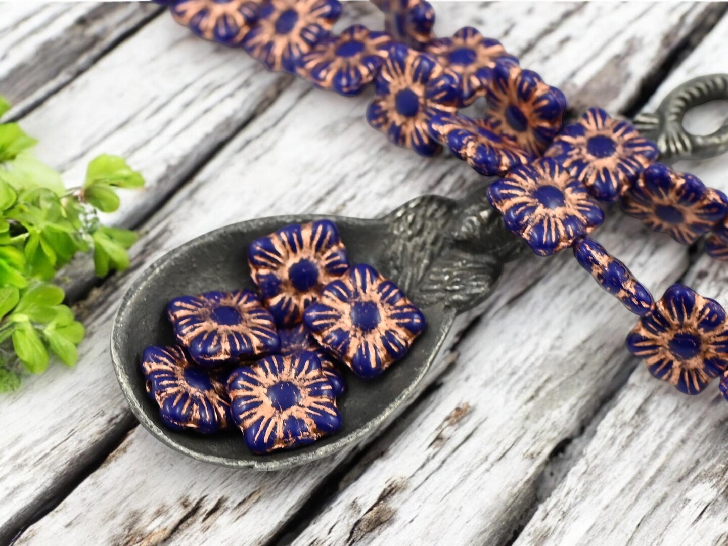 *13* 11mm Copper Washed Opaque Cobalt Square Zinnia Flower Beads