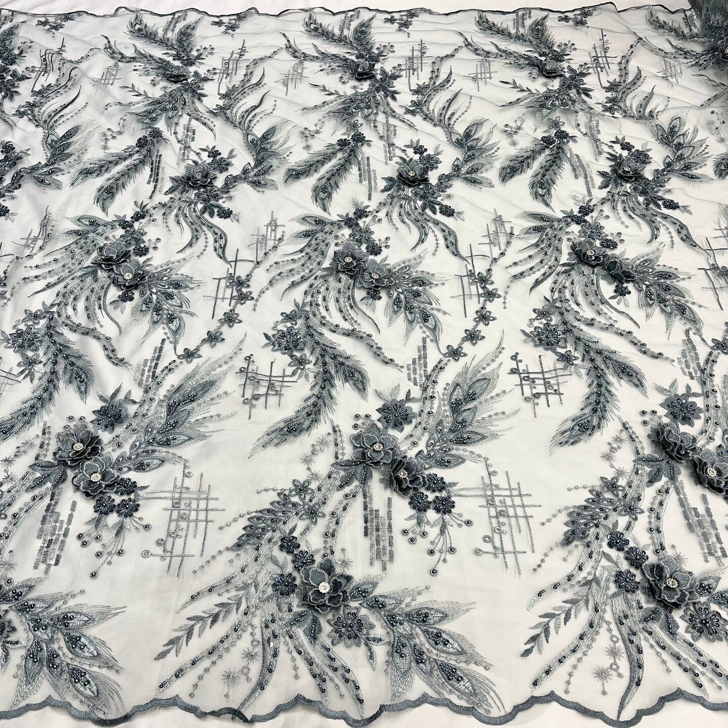 1 Yard Beaded Rhinestone 3D Floral Lace Fabric for Bridal Gowns Costumes Dresses 50" Width