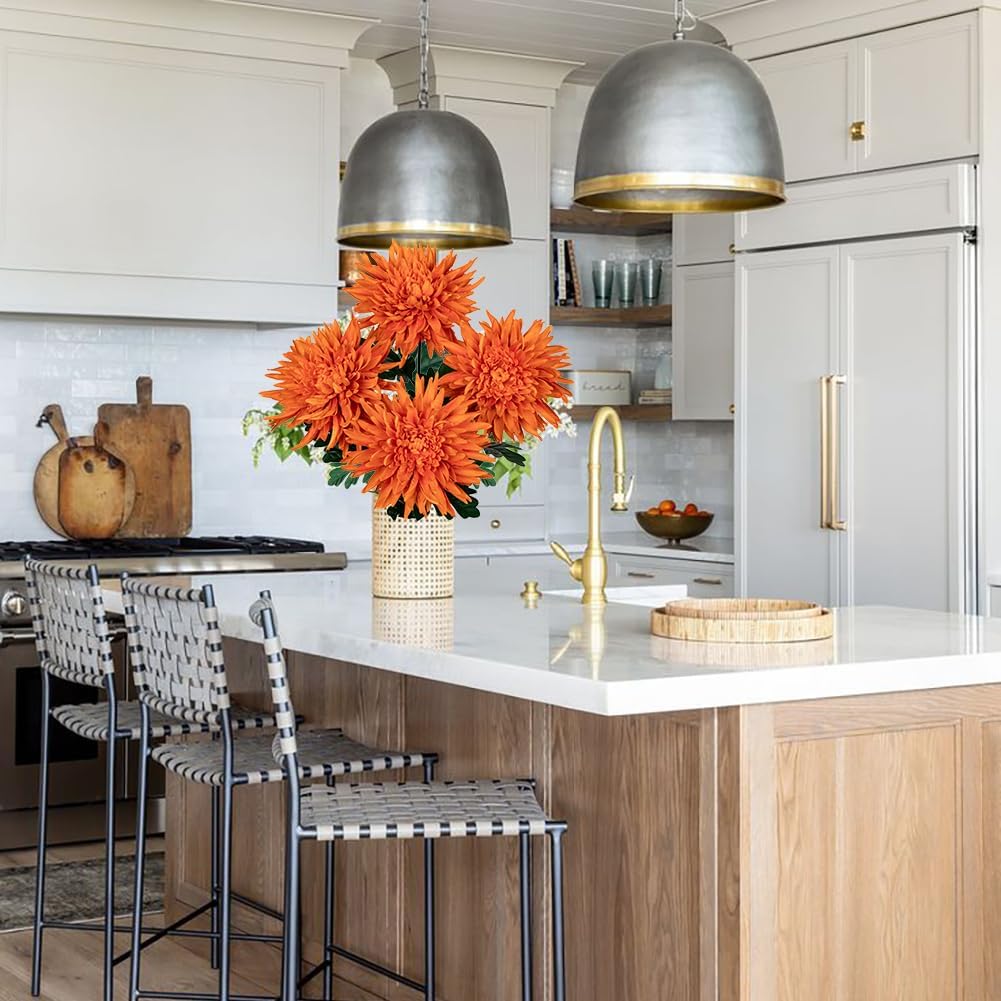 25.6" Long - 6Pcs Orange Artificial Mums Flowers Large Chrysanthemum