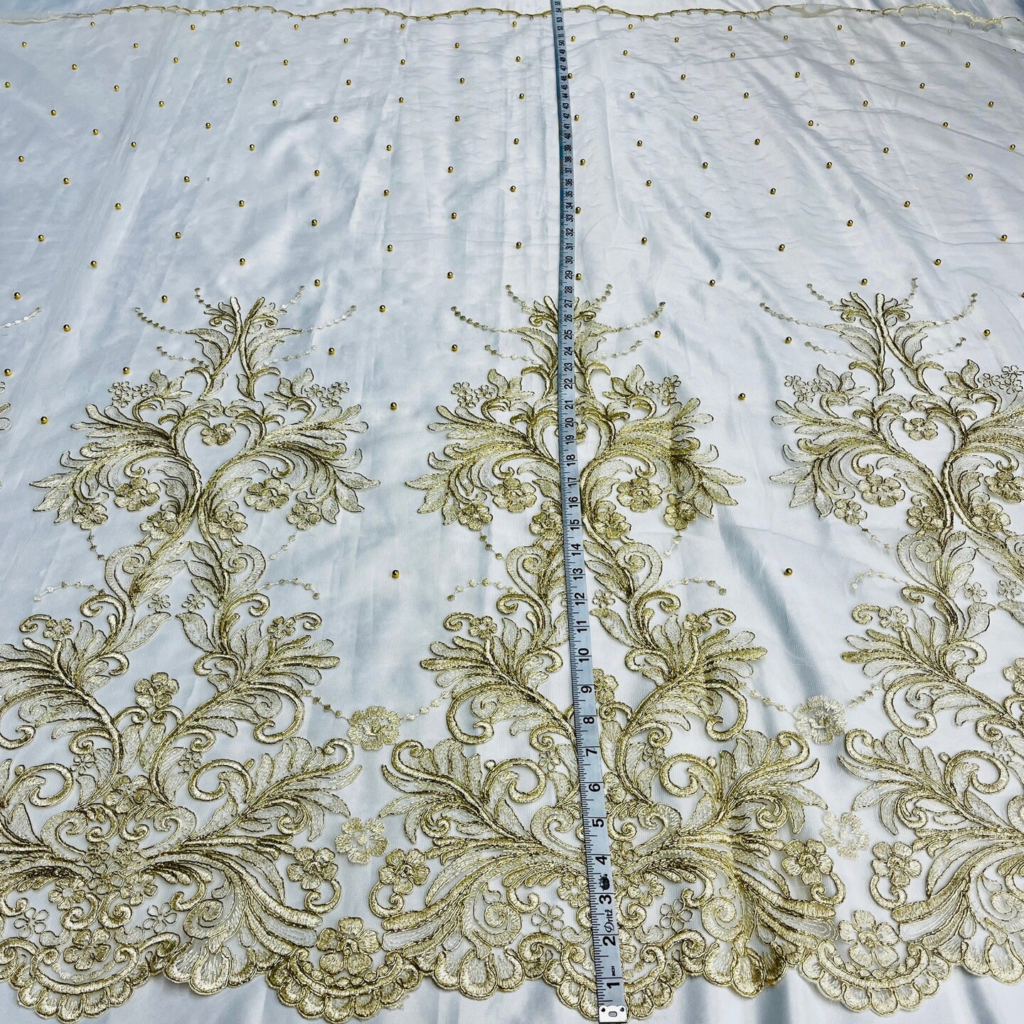 1 Yard Exquisite Beaded and Corded Bridal Lace Fabric Embroidered on 100% Polyester Net Mesh 54" Width
