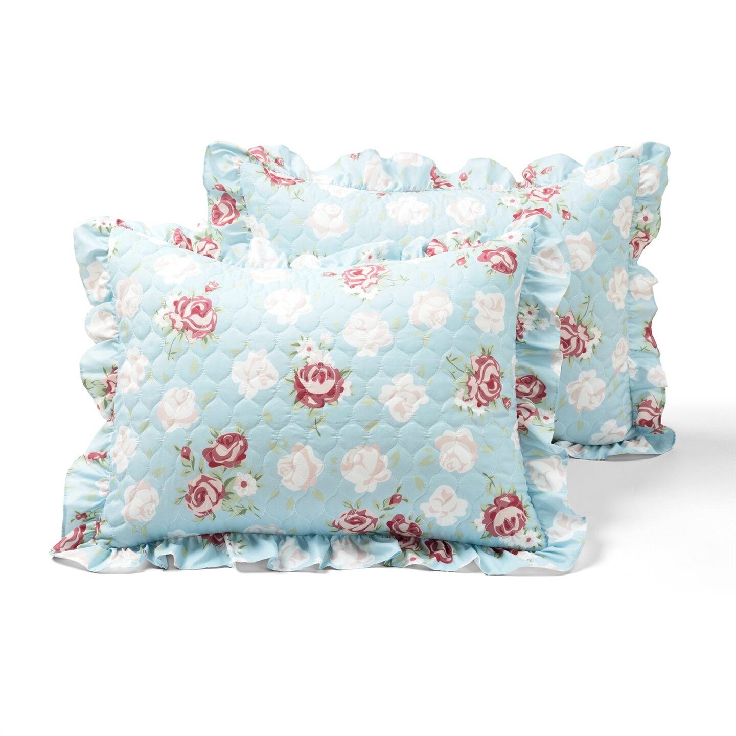 Reversible Thin Lightweight Floral Quilt Set with Ruffle Edges for Summer Night Bedding