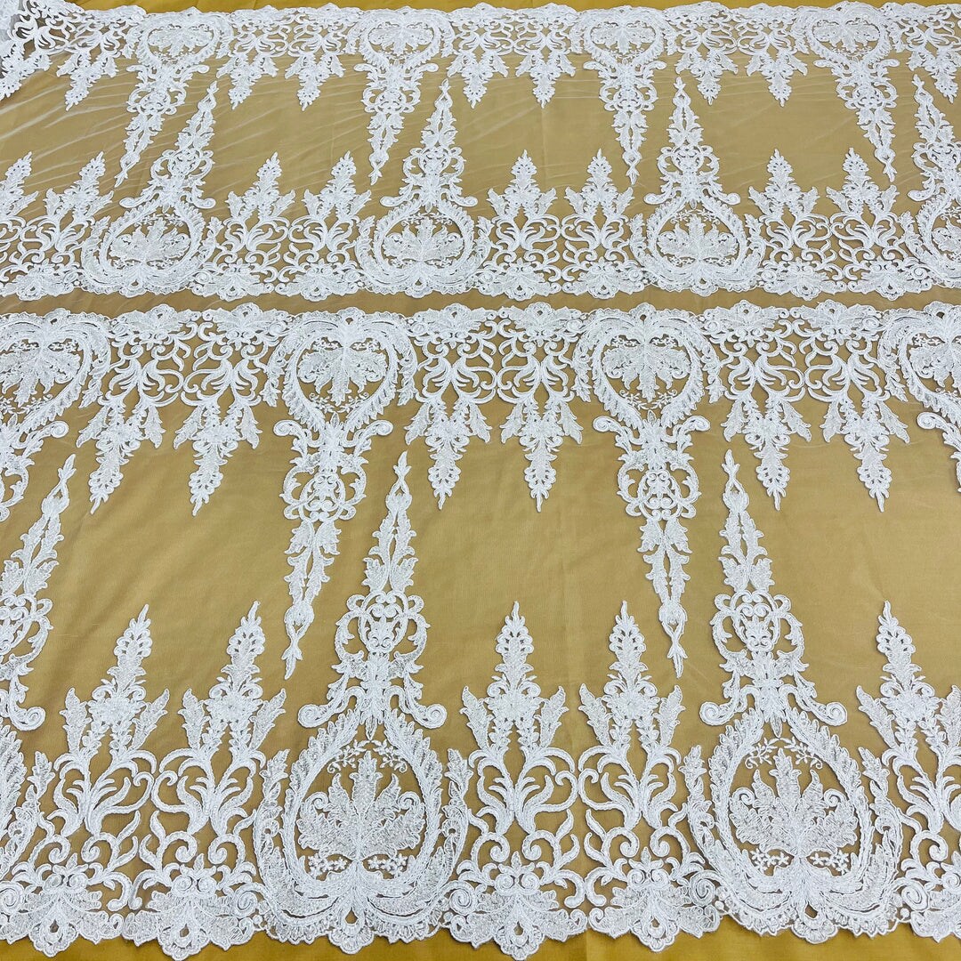 1 Yard Beaded & Corded Bridal Lace Fabric on 100% Polyester Net Mesh, Embroidered Lace Fabric, 51" Width