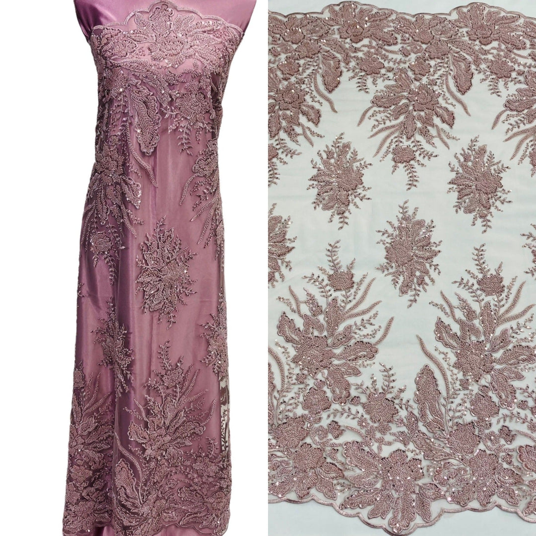 1 Yard Beaded Lace Fabric Embroidered on 100% Polyester Net Mesh, Blush, 48" Width