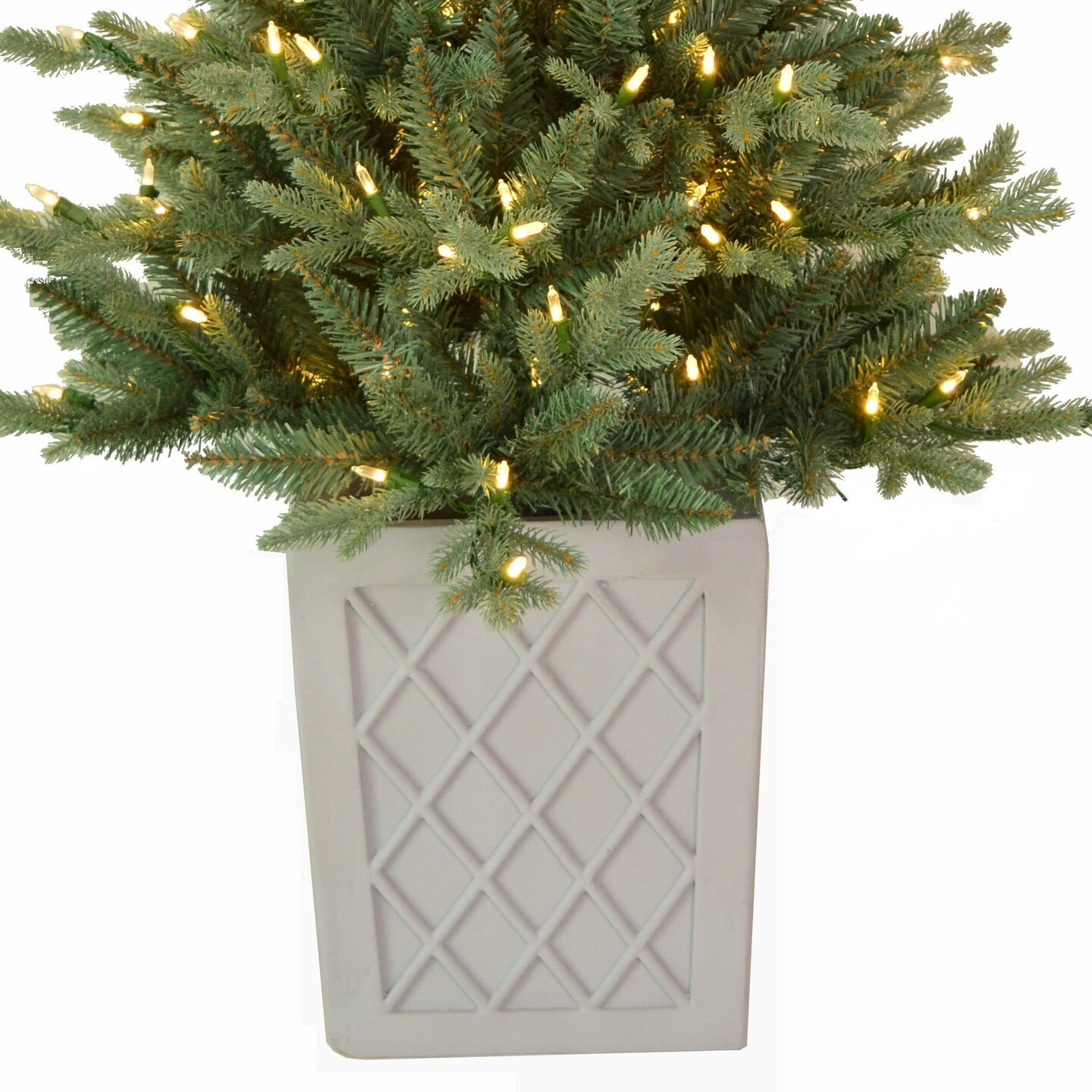 Haute Decor 4.5 Foot Barcelona Blue Spruce Potted Tree with Warm White LED Lights - Cement Gray Patterned Resin Pot