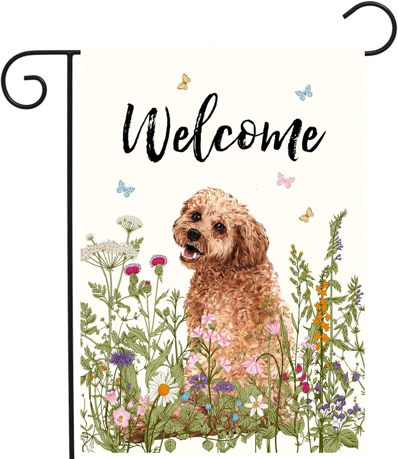 Spring Summer Garden Flag Floral Golden Doodle Puppy Yard Flag Flower Dog Garden Flags