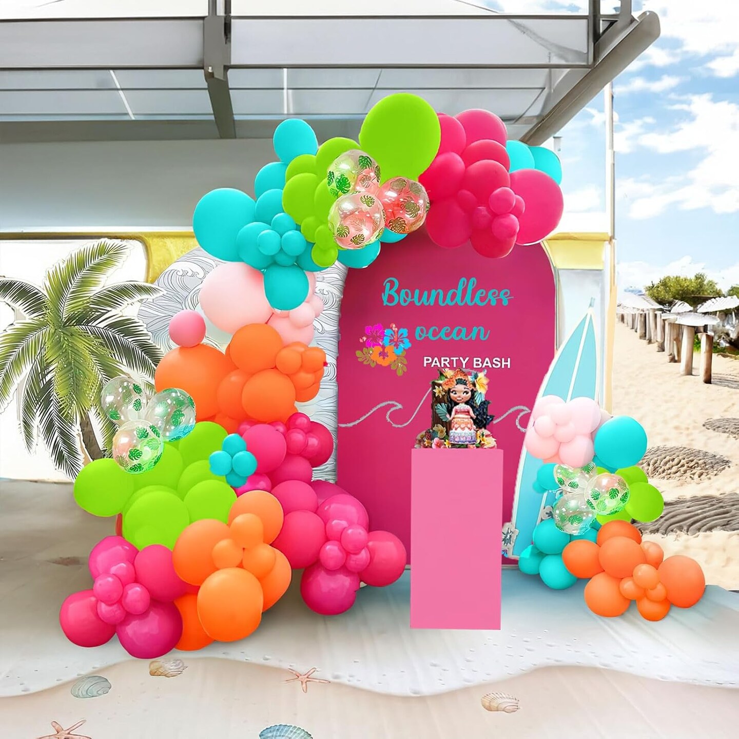 Hot Pink blue orange and green balloons 150pcs with Palm Leaves Balloons For Animation theme Balloon Garland arch kit