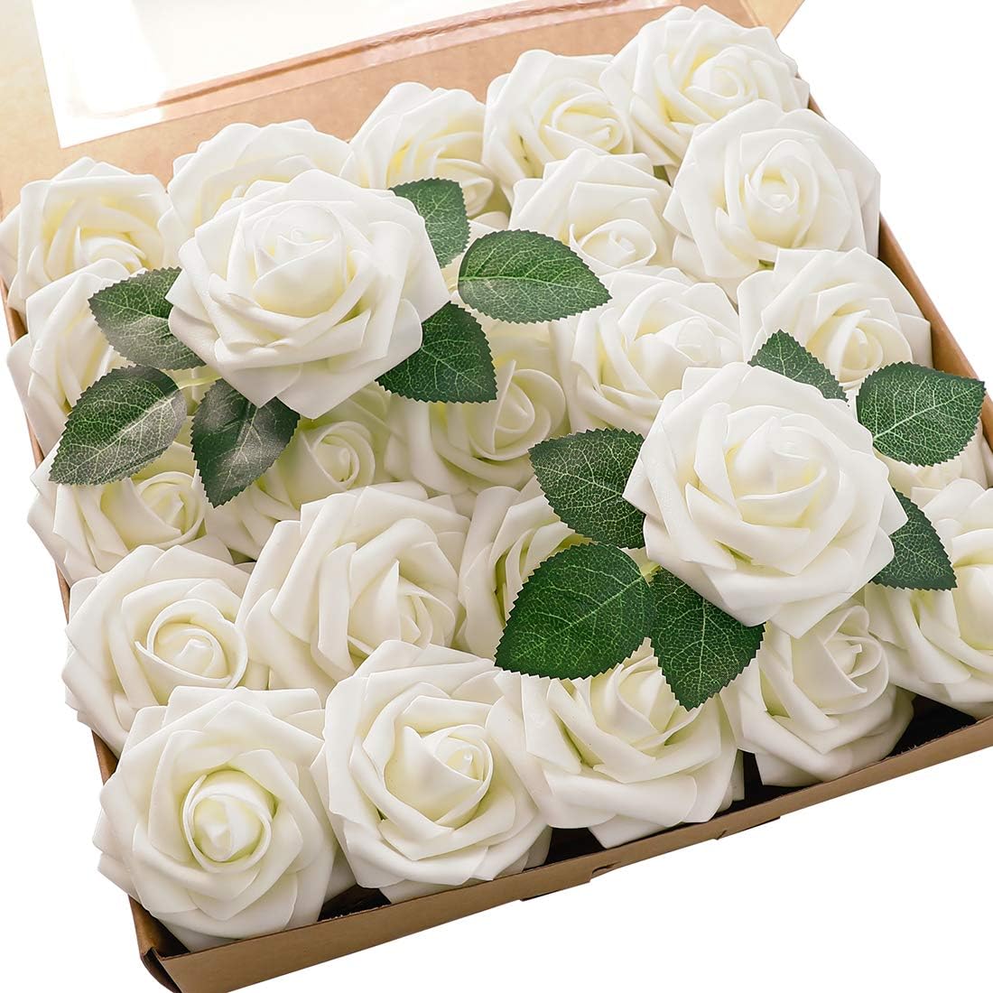 25pcs Fake Ivory White Roses Artificial Rose Heads with Stems Lifelike Foam Flowers DIY Wedding Bouquets Wedding Party Decor