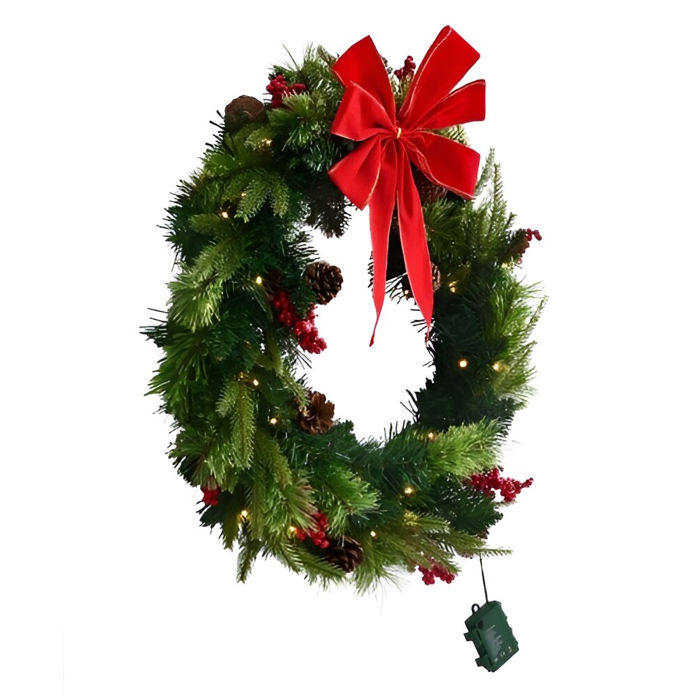 Pre Lit Christmas Wreath 24 Inch with LED Lights and Timer for Door or Fireplace