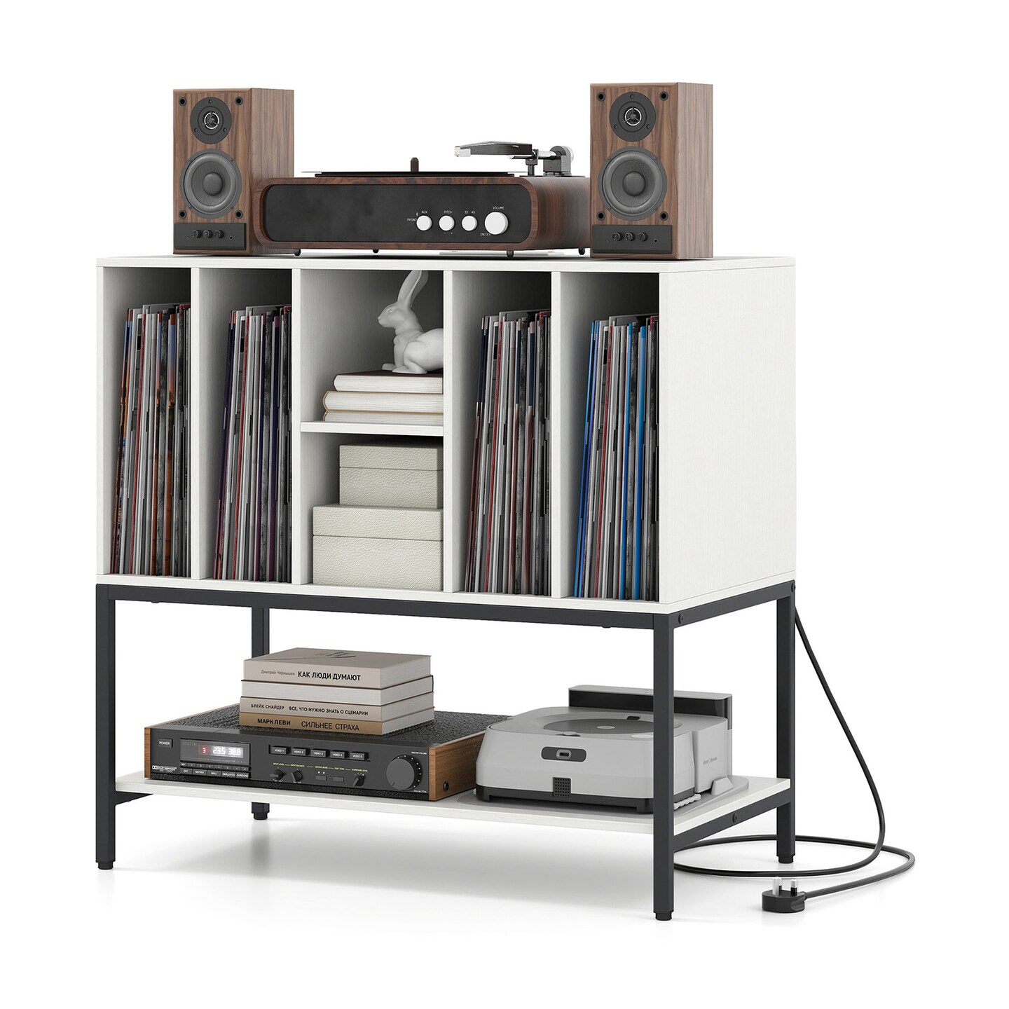 Record Player Stand with Charging Station Vinyl Storage Cabinet with 6 Compartments Metal Frame Turntable Table