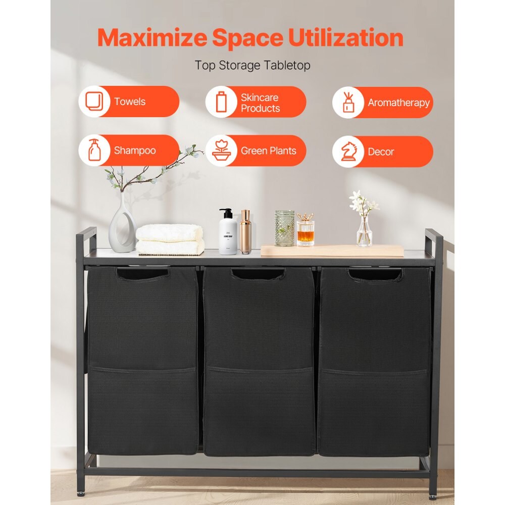 Black Metal Laundry Hamper Sorter with 3 Oxford Fabric Bags and Top