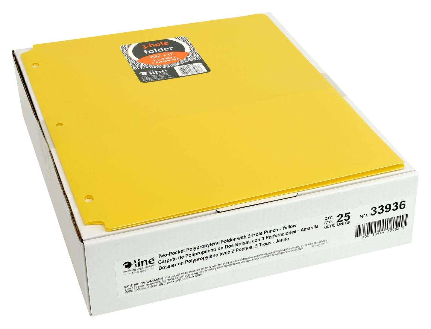 C-Line 2-Pocket Poly Folder, 3 Hole Punched, Yellow, Pack of 25
