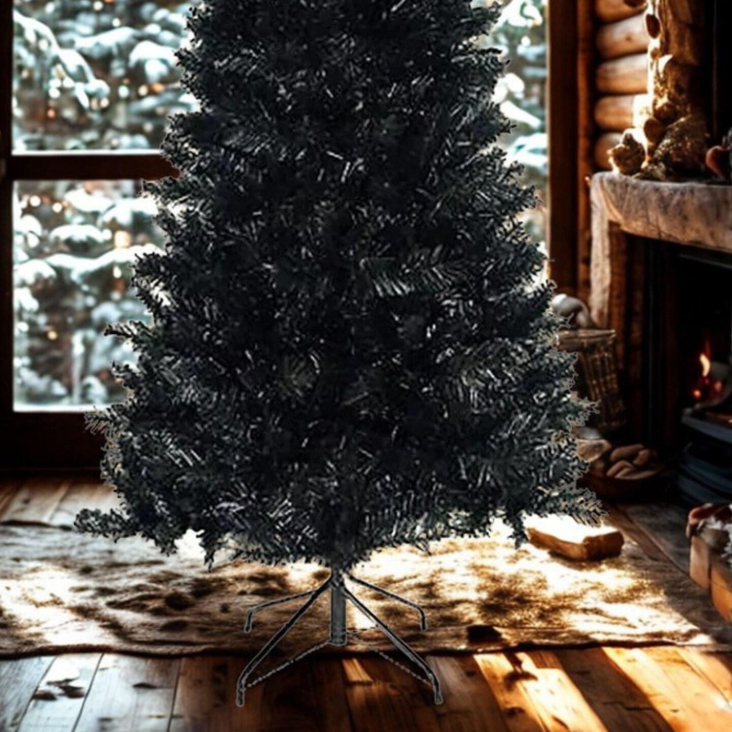 4 Ft Black Canadian Pine Christmas Tree with Hinged Branches and Metal Stand