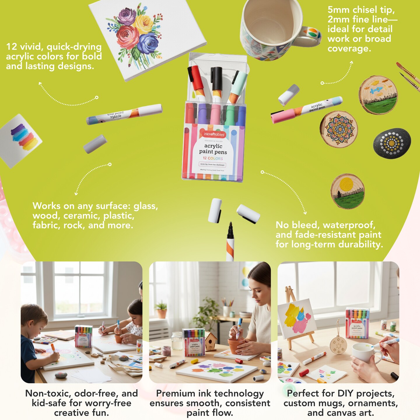 Incraftables Acrylic Paint Pens (12 Colors). Paint Markers for Rocks, Canvas, Wood, Plastic, Fabric, Metal & Glass. Best Acrylic Paint Markers. Stone & Rock Painting Markers Set for Kids & Adults