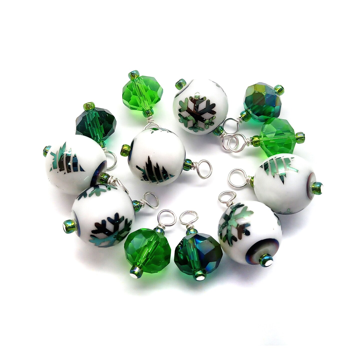 Christmas Themed Bead Charms, 12-piece set, Green Winter Dangles, Adorabilities