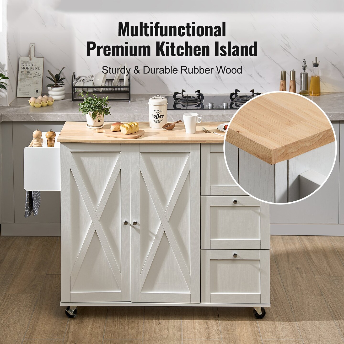 White Solid Wood and MDF Kitchen Island with Drop Leaf and Lockable Wheels