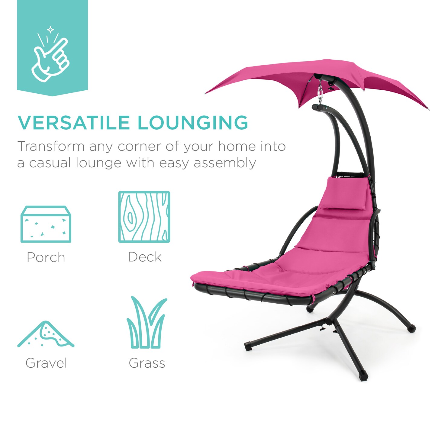 Best Choice Products Hanging Curved Chaise Lounge Chair Swing for Backyard, Patio w/ Pillow, Shade, Stand