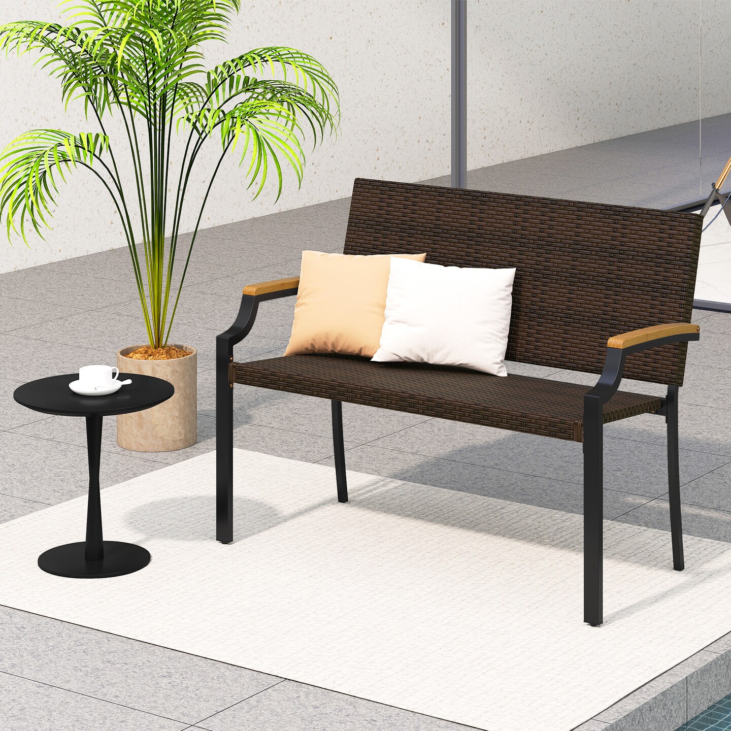 Outdoor Mix Brown Rattan Loveseat Bench for Patio Porch Garden with Metal Frame and Wood Armrests