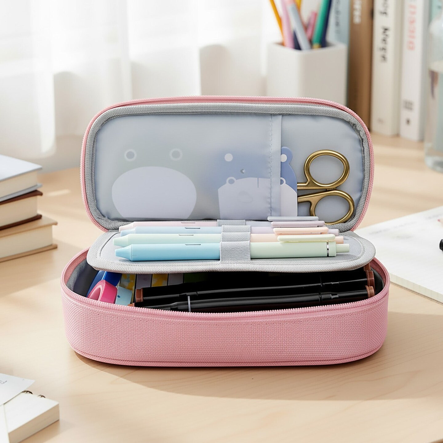 Wrapables Simple Large Capacity Double Compartment Pencil Case, Pencil Pouch for Stationery Tools, Pink