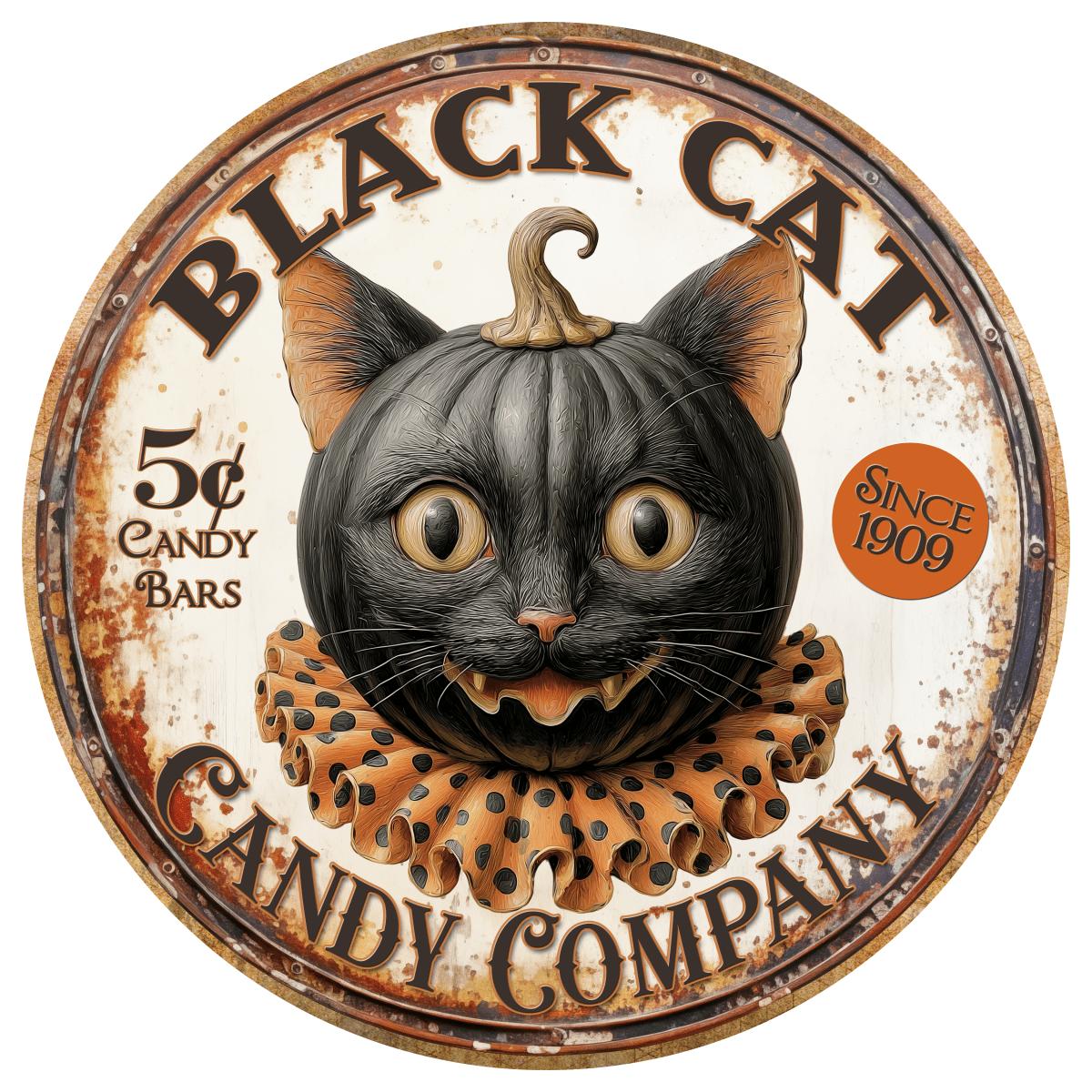 Halloween Vintage Black Cat Candy Company Round Sign