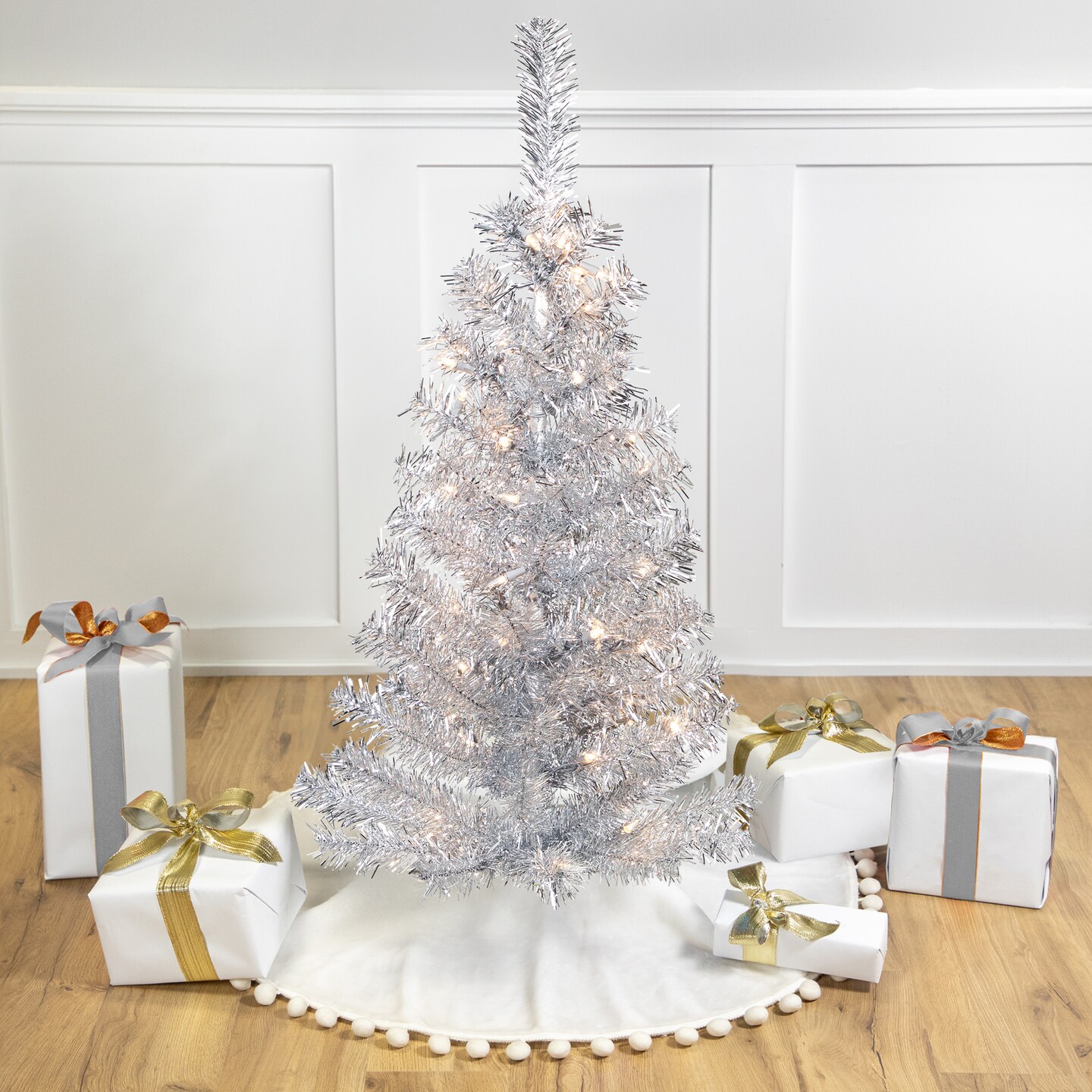 Northlight Pre-Lit Artificial Tinsel Christmas Tree - 3&#x27; - Silver - Clear Lights