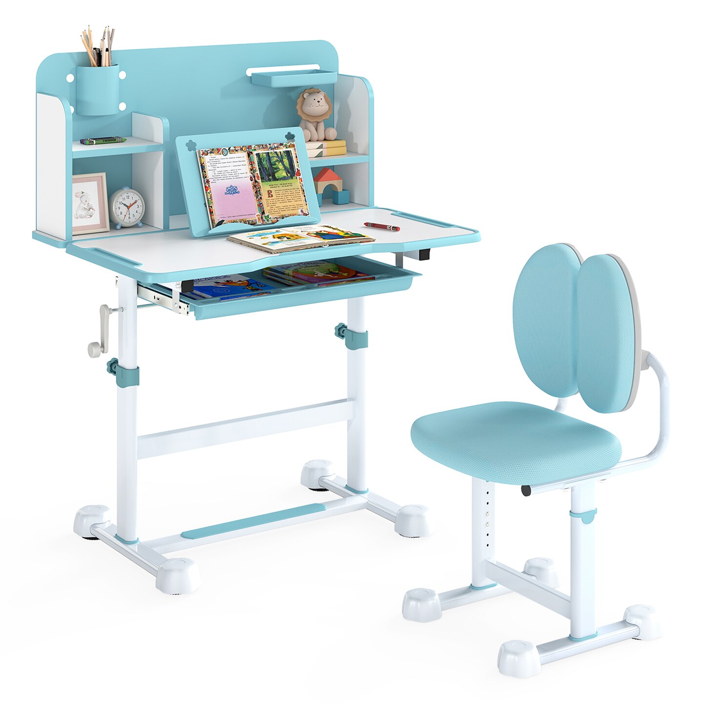 Adjustable Kids Study Desk and Chair Set with Tiltable Desktop, Storage Drawer & Reading Stand