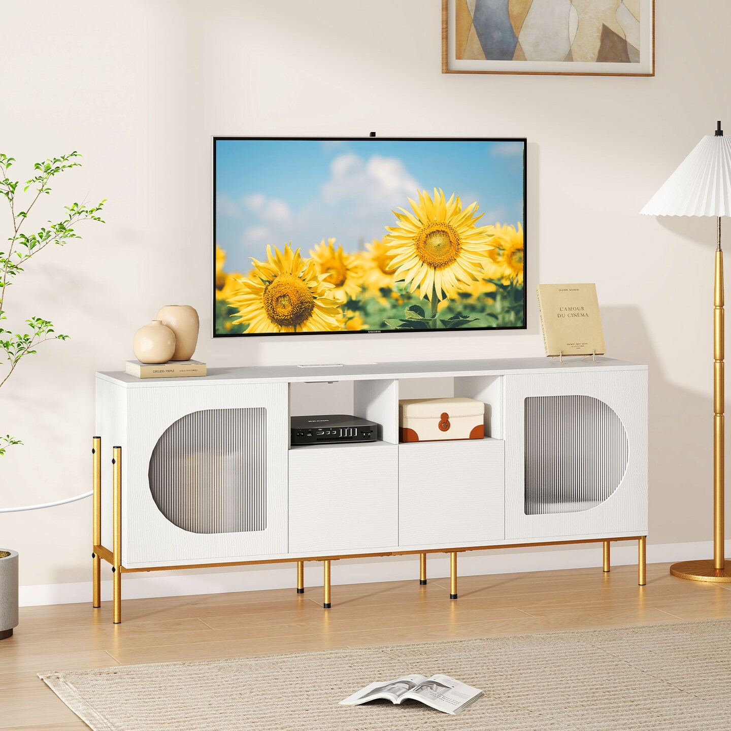 TV Stand for 70 Inch TV with Power Outlets Drawers and Open Shelves