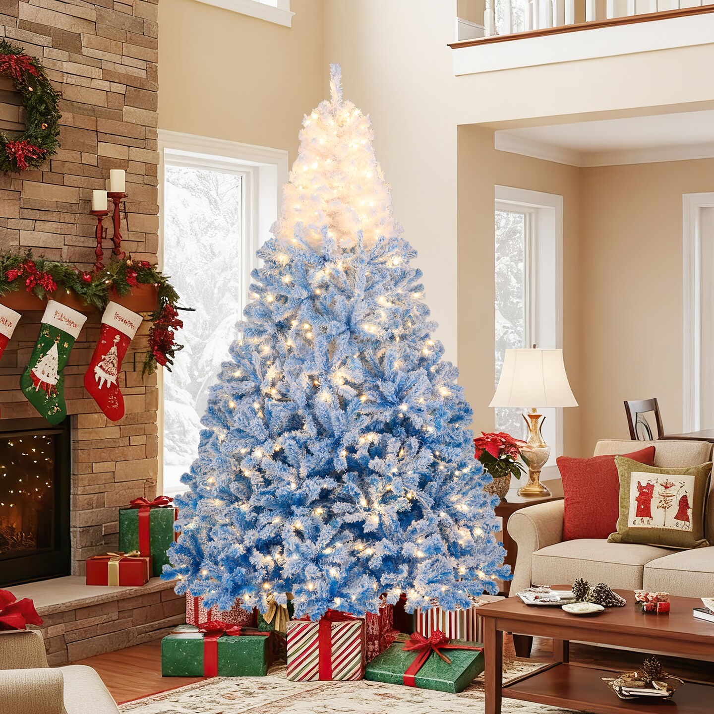 Pre Lit Christmas Tree White Blue Gradient Snow Flocked LED Lights