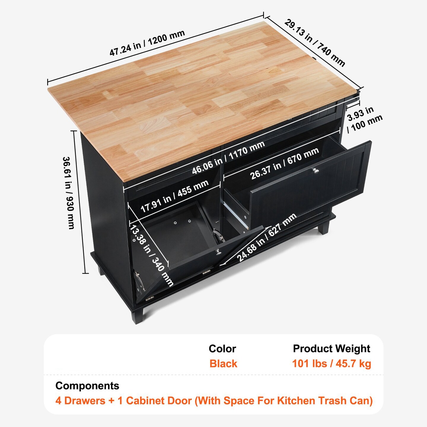 Wood Color and Black Solid Wood MDF Kitchen Island with Drawers and Trash Cabinet