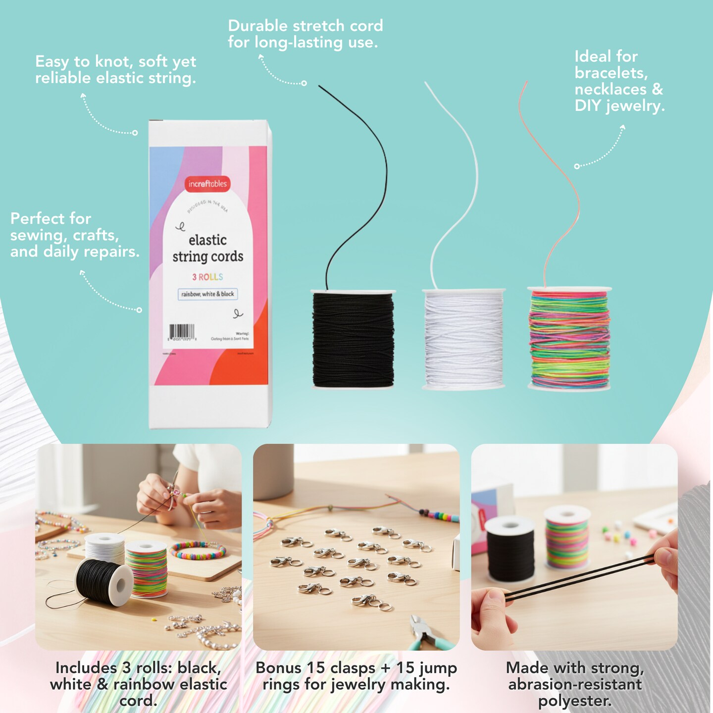Incraftables Elastic String Cord Set of 3 Rolls (White, Black & Rainbow). Best 1mm Thick Stretchy Cording Set for DIY Bracelet, Jewelry, Necklace & Bead Making (Each Roll - 100 meters / 328 feet Long)